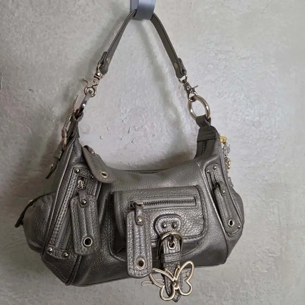 Junior Drake Metallic Leather Y2K Hobo Shoulder Bag with Hair Clips n Bag Charms